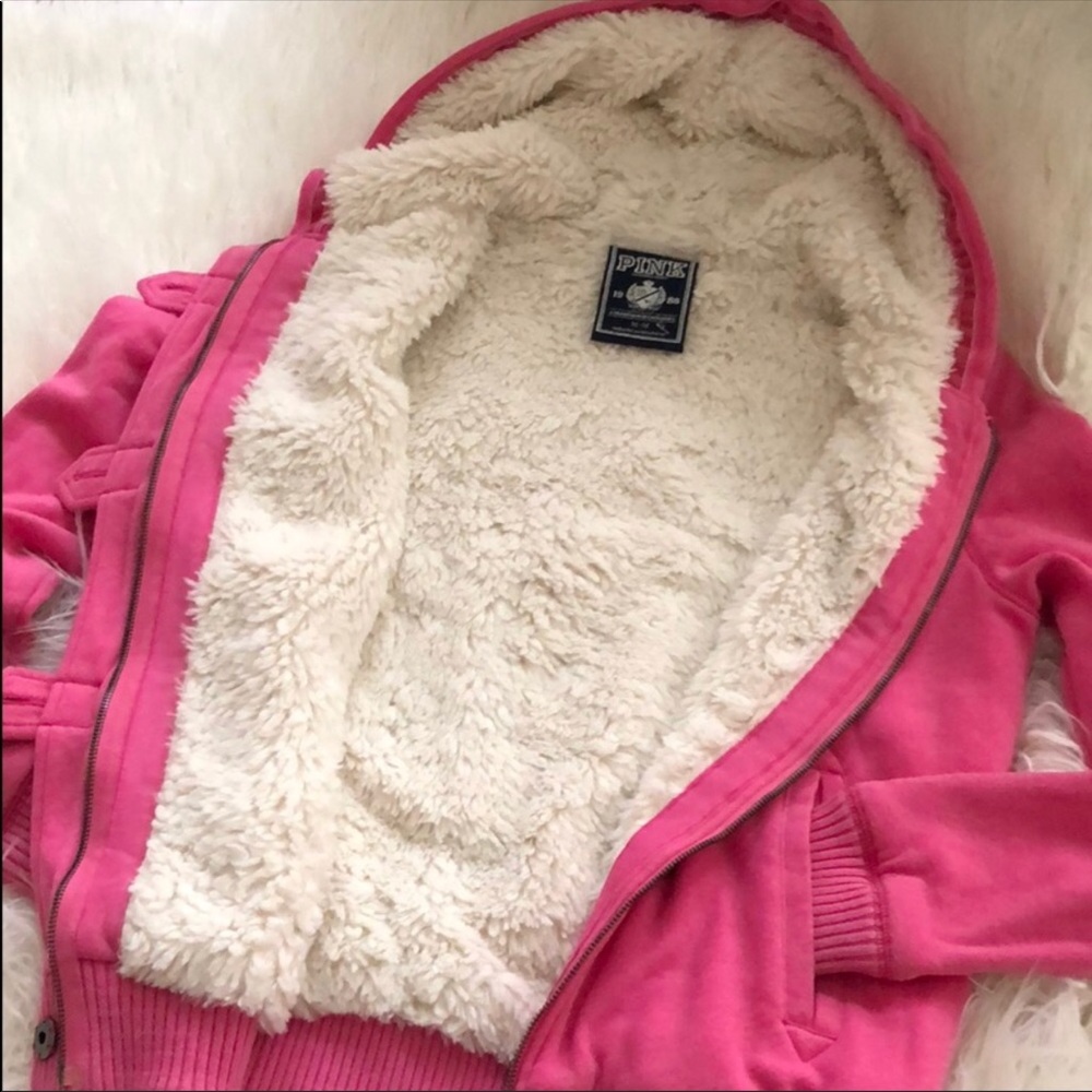 PINK by VS BLING FAUX FUR SHERPA LINED FULL ZIP HOODED JACKET SZ M PINK VINTAGE - Picture 5 of 14